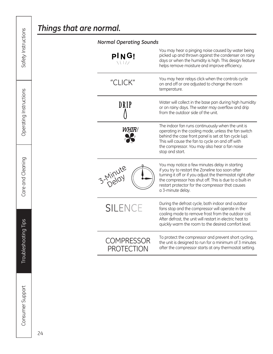 Things that are normal, Minute delay “click, Compressor protection | GE AZ85H12DAC User Manual | Page 24 / 28