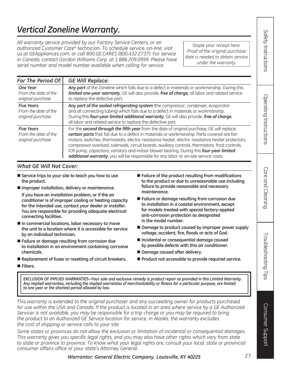 Vertical zoneline warranty | GE AZ85H12DAC User Manual | Page 27 / 28