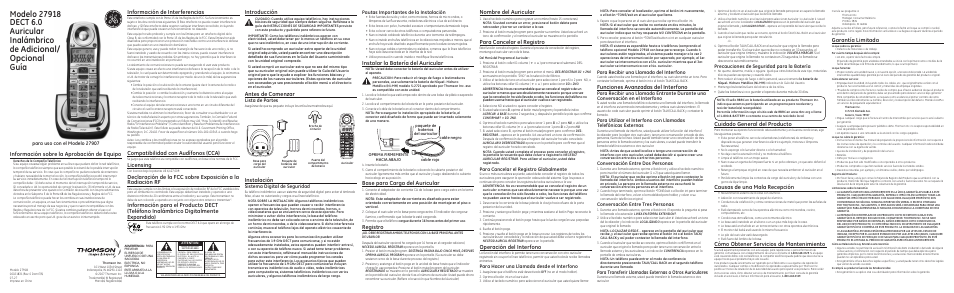 Instalar la batería del auricular, Información de interferencias, Compatibilidad con audífonos (cca) | Licensing, Instalación, Nombre del auricular, Para cancelar el registro, Operación del interfono, Introducción, Antes de comenzar | GE 27913 User Manual | Page 2 / 2