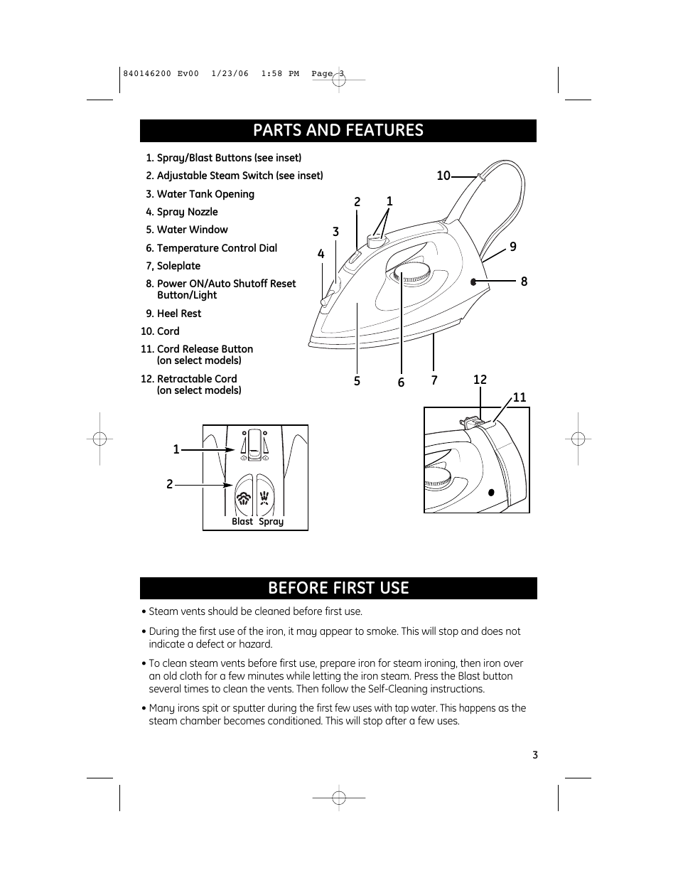 Before first use parts and features | GE 106820 User Manual | Page 3 / 8