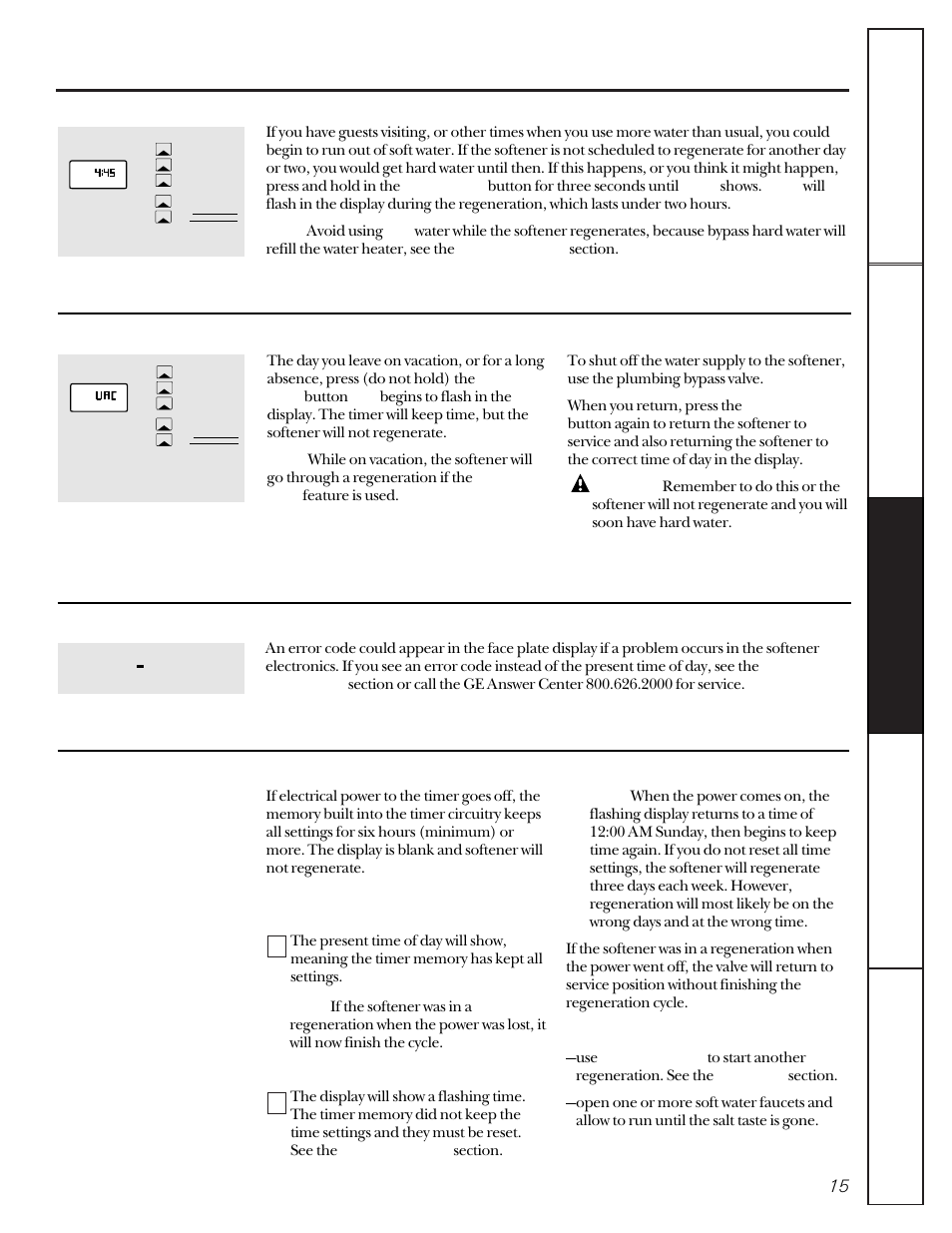 Features, About the face plate timer features, Recharging | Going on vacation, Error code, What to do when a power outage occurs | GE MONACO 6000A User Manual | Page 15 / 28