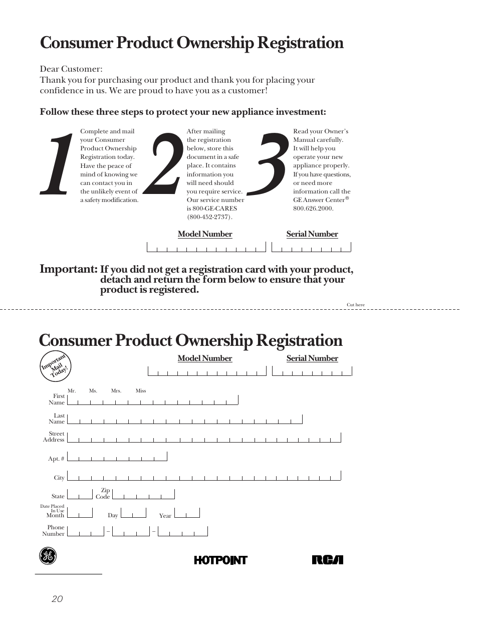 Consumer product ownership registration, Important | GE MONACO 6000A User Manual | Page 20 / 28