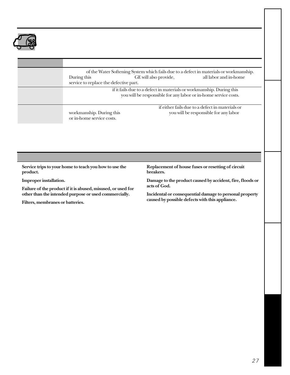 Warranty, Ge water softening system warranty | GE MONACO 6000A User Manual | Page 27 / 28