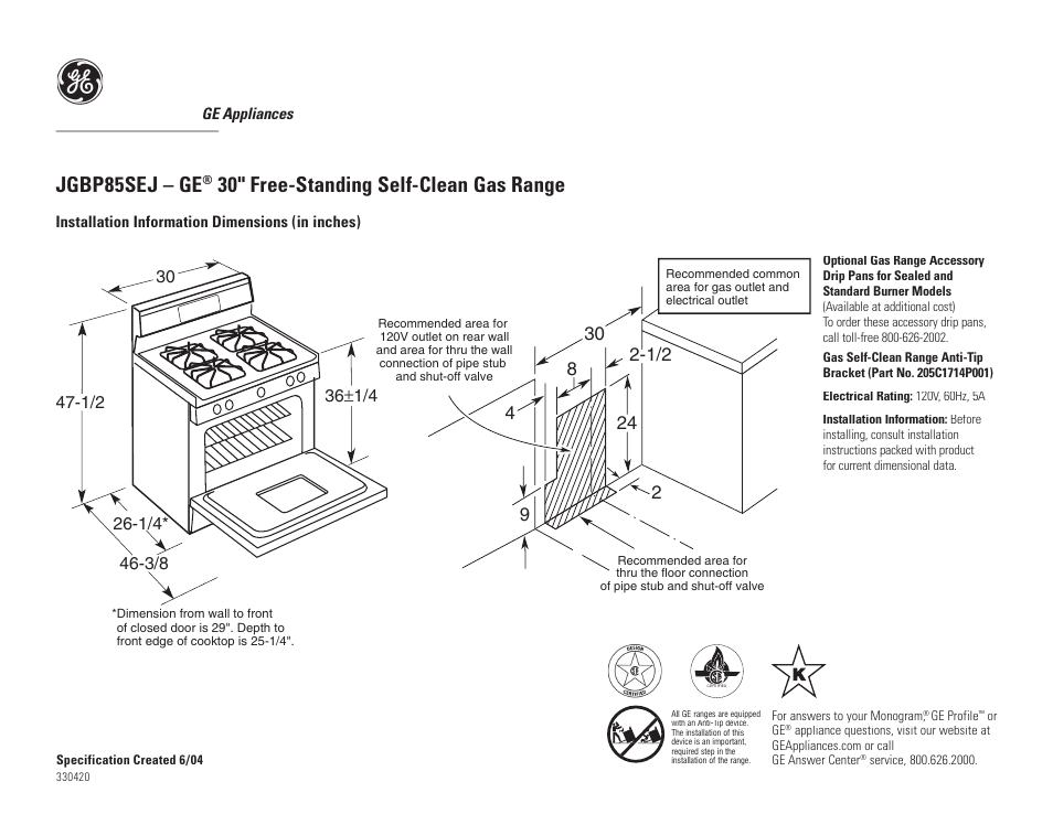 GE JGBP85SEJ User Manual | 2 pages