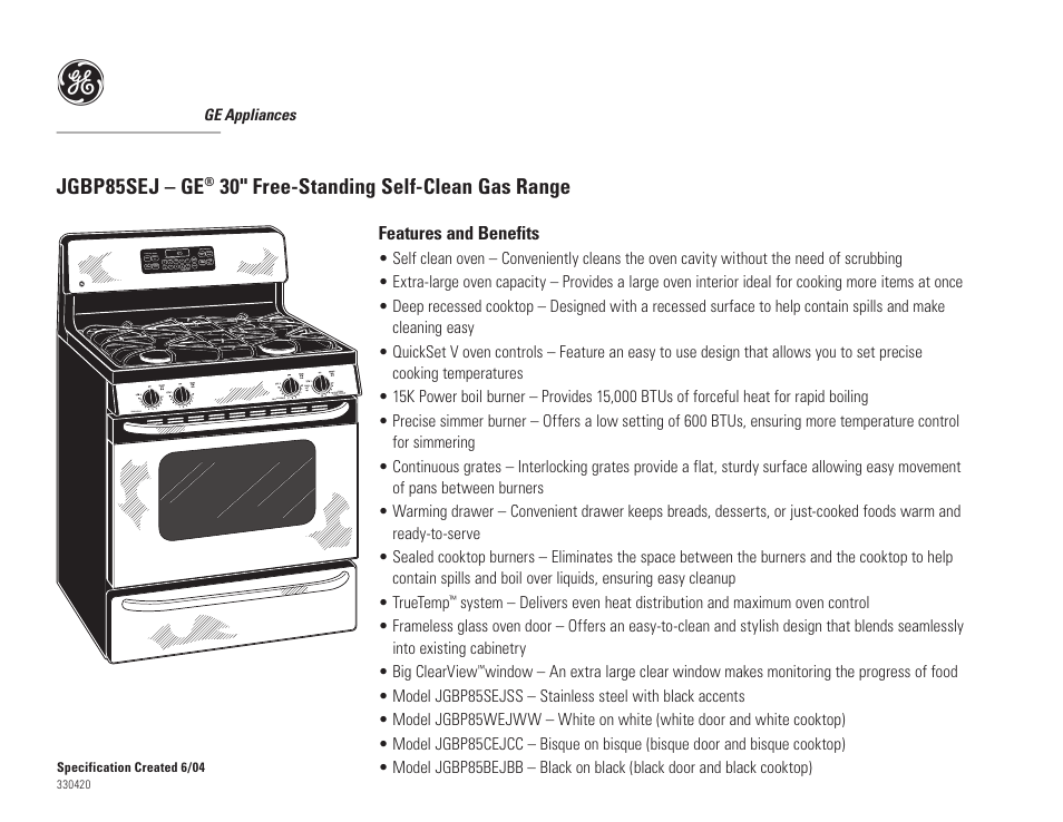 Jgbp85sej – ge, 30" free-standing self-clean gas range | GE JGBP85SEJ User Manual | Page 2 / 2