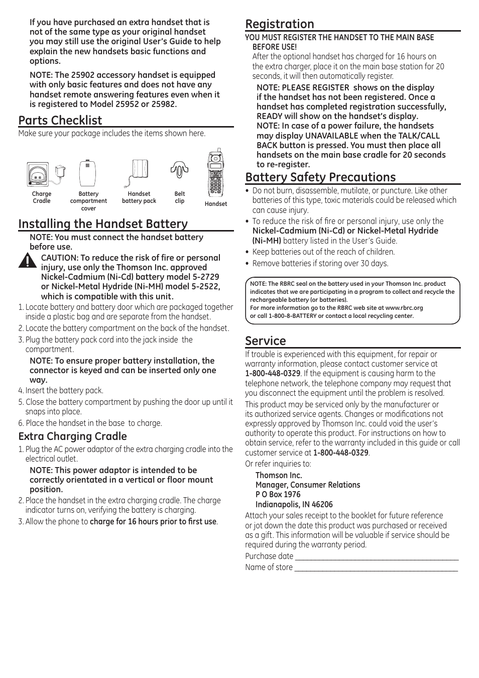 Registration, Battery safety precautions, Service | Parts checklist, Installing the handset battery, Extra charging cradle | GE 00019716 User Manual | Page 2 / 2