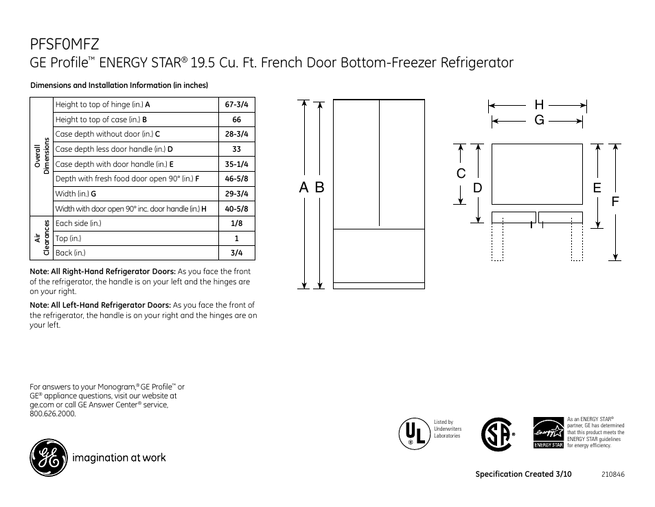 GE Energy Star PFSF0MFZ User Manual | 2 pages