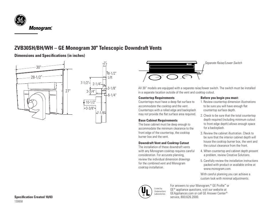 GE ZVB30SH/BH/WH User Manual | 4 pages