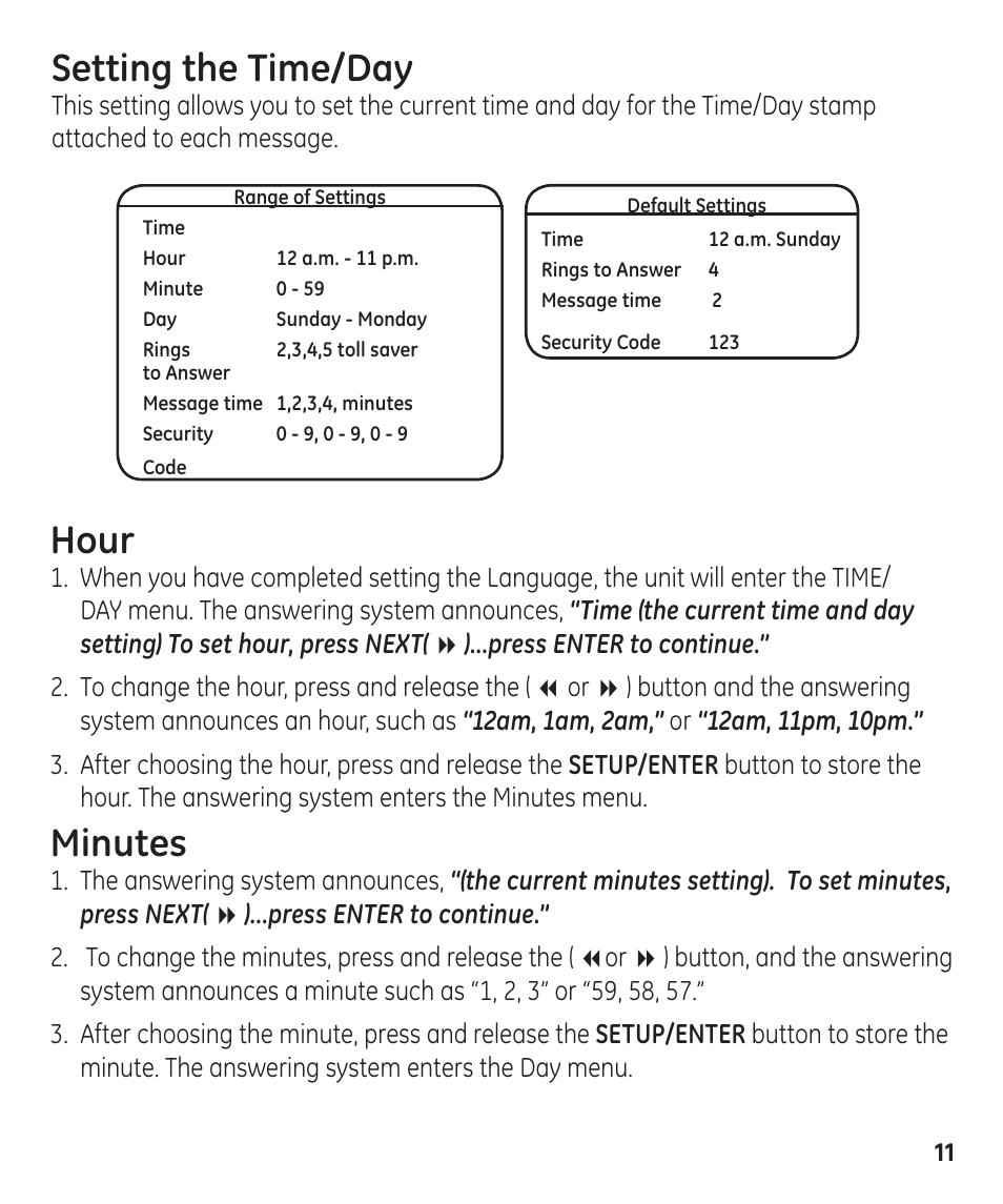 Hour, Minutes, Setting the time/day | GE 00003287 User Manual | Page 11 / 52