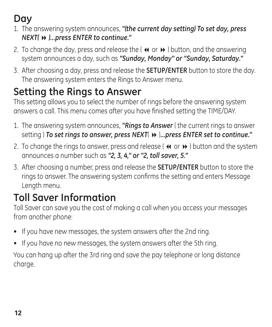 Setting the rings to answer, Toll saver information | GE 00003287 User Manual | Page 12 / 52
