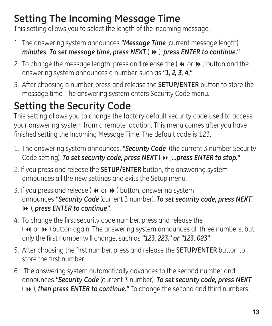 Setting the incoming message time, Setting the security code | GE 00003287 User Manual | Page 13 / 52
