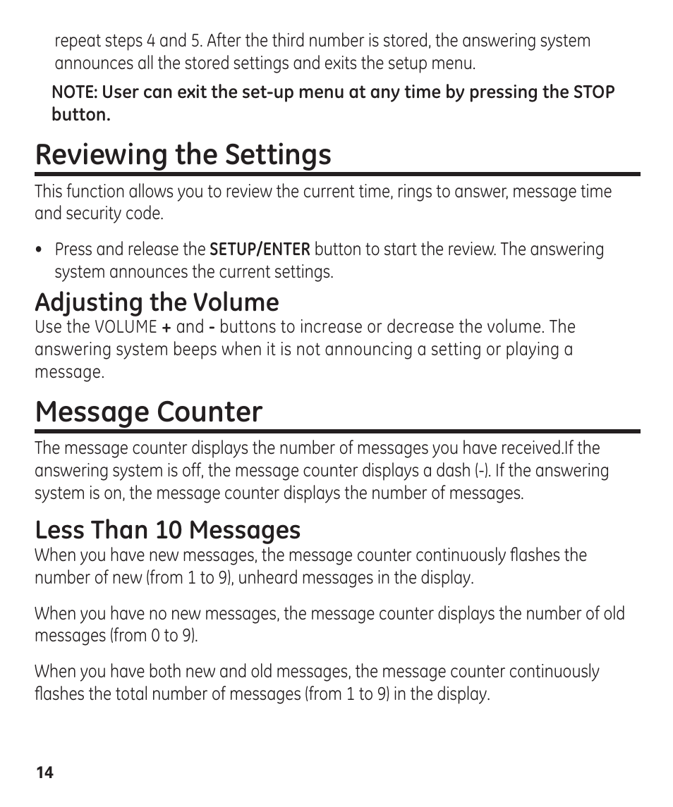 Reviewing the settings, Message counter, Adjusting the volume | Less than 10 messages | GE 00003287 User Manual | Page 14 / 52