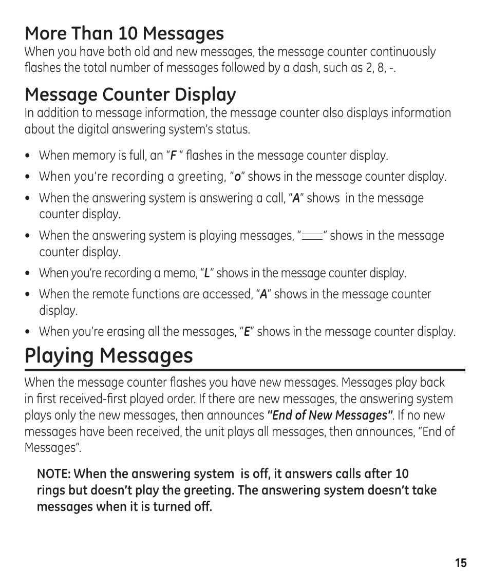 Playing messages, More than 10 messages, Message counter display | GE 00003287 User Manual | Page 15 / 52