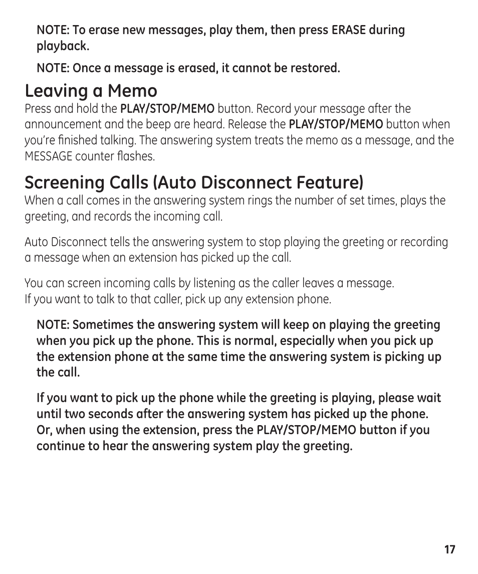 Screening calls (auto disconnect feature) | GE 00003287 User Manual | Page 17 / 52