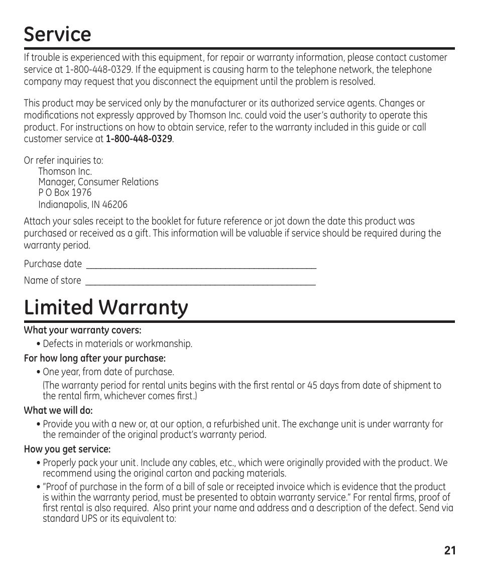 Service, Limited warranty | GE 00003287 User Manual | Page 21 / 52