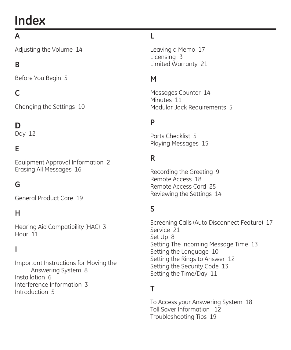 Index | GE 00003287 User Manual | Page 25 / 52