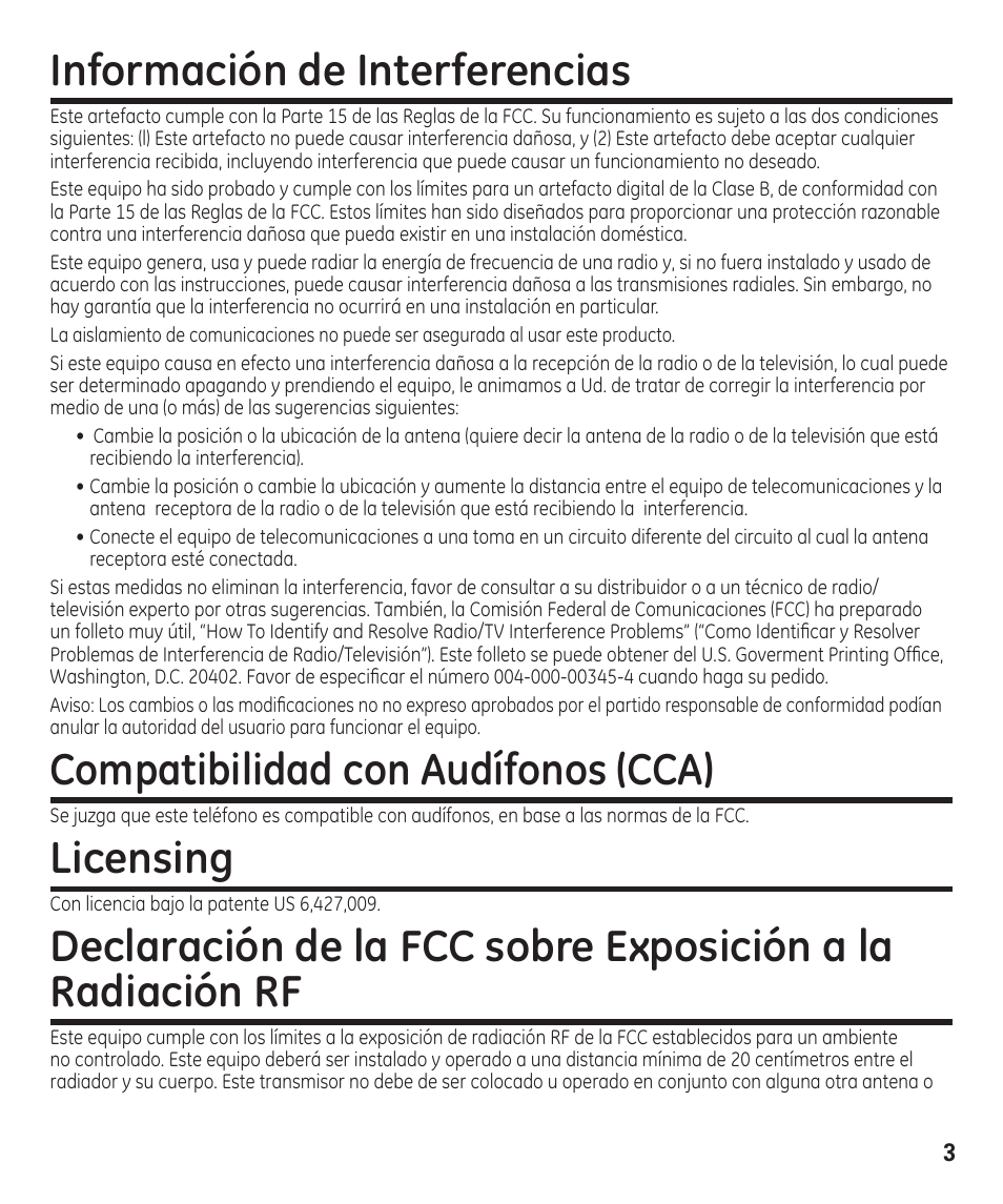 Información de interferencias, Compatibilidad con audífonos (cca), Licensing | GE 00003287 User Manual | Page 29 / 52
