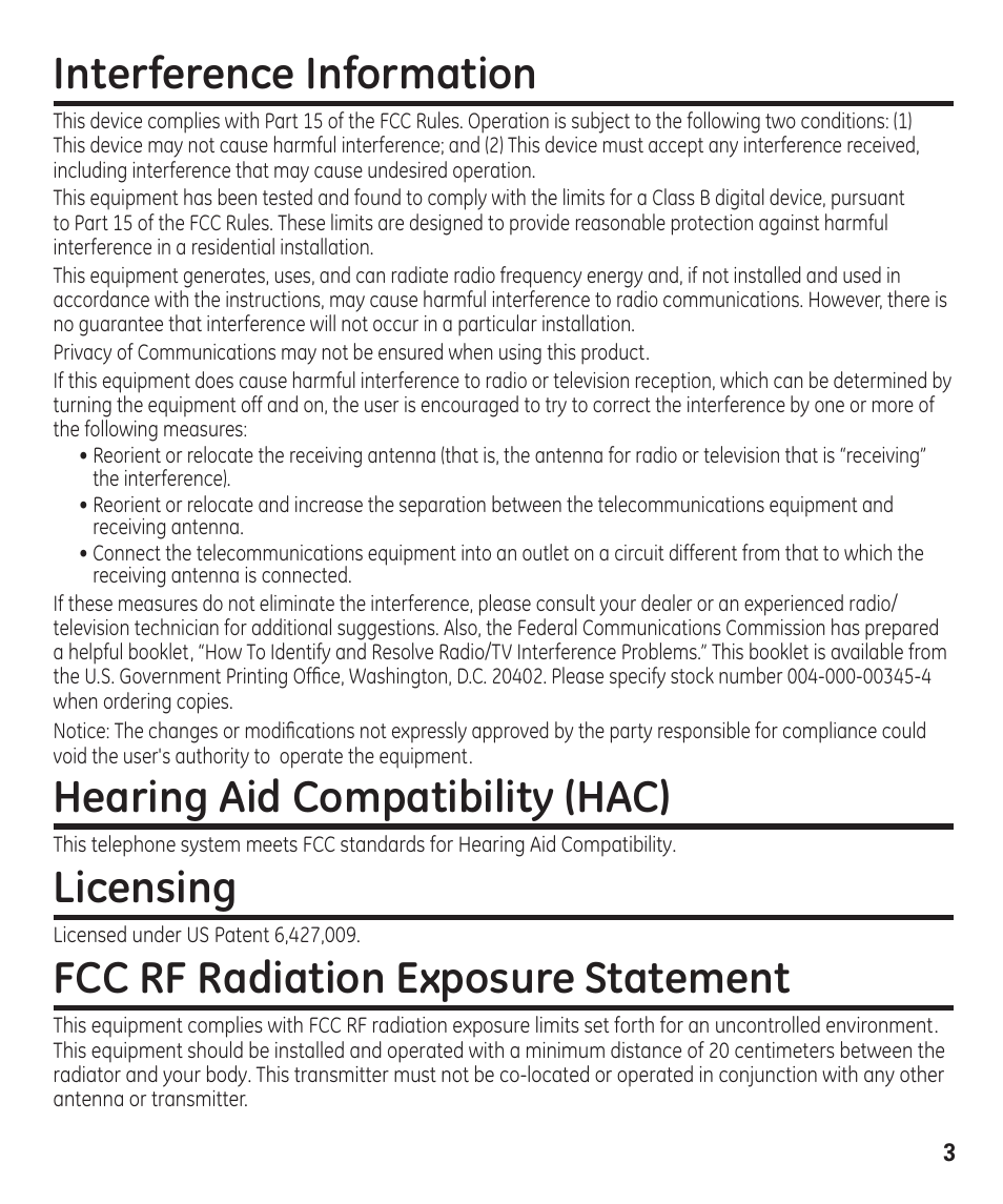 Interference information, Hearing aid compatibility (hac), Licensing | Fcc rf radiation exposure statement | GE 00003287 User Manual | Page 3 / 52