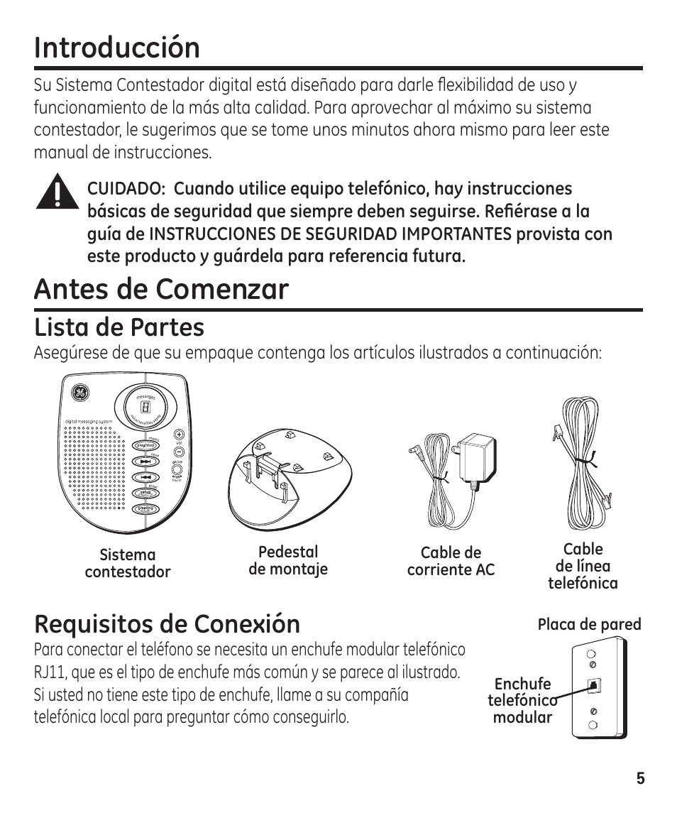 Introducción, Antes de comenzar, Lista de partes | Requisitos de conexión | GE 00003287 User Manual | Page 31 / 52