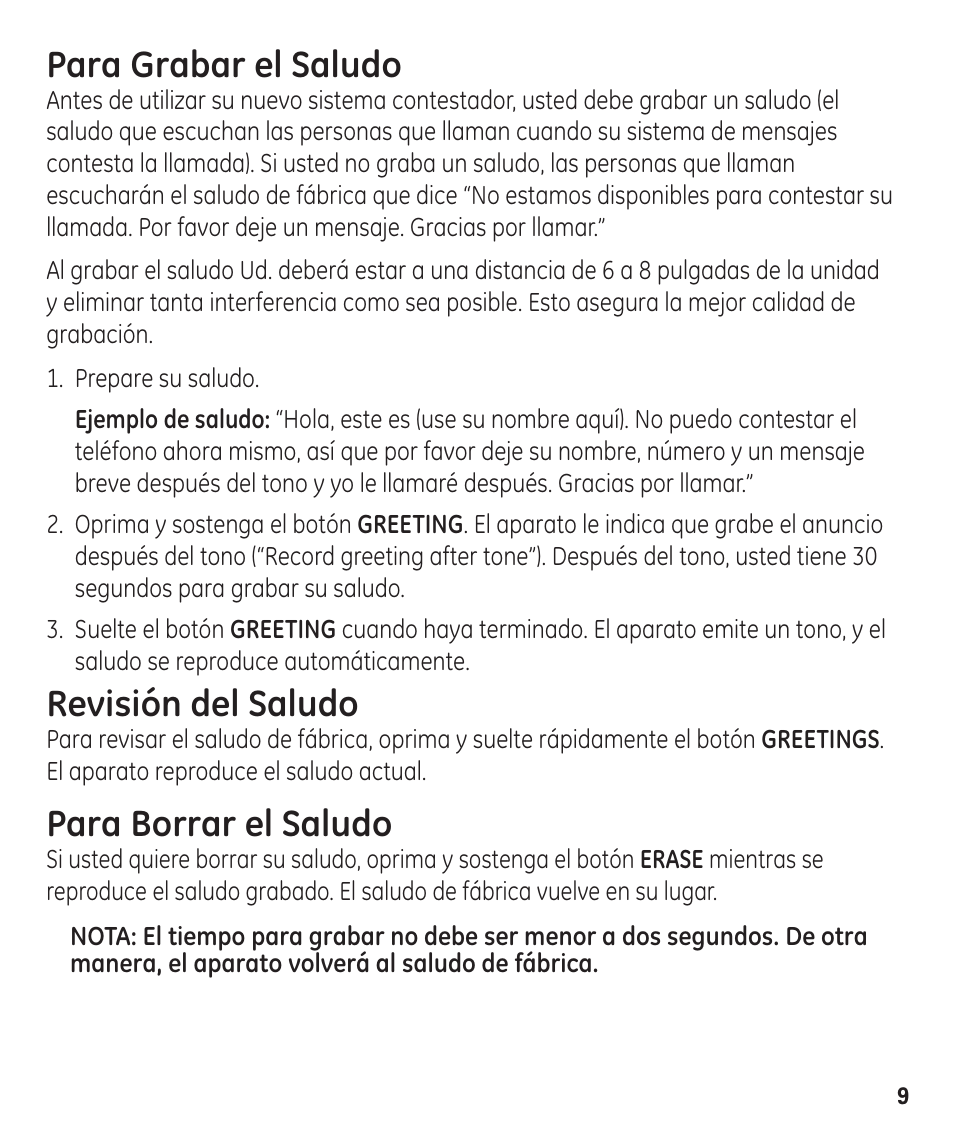 Para grabar el saludo, Revisión del saludo, Para borrar el saludo | GE 00003287 User Manual | Page 35 / 52
