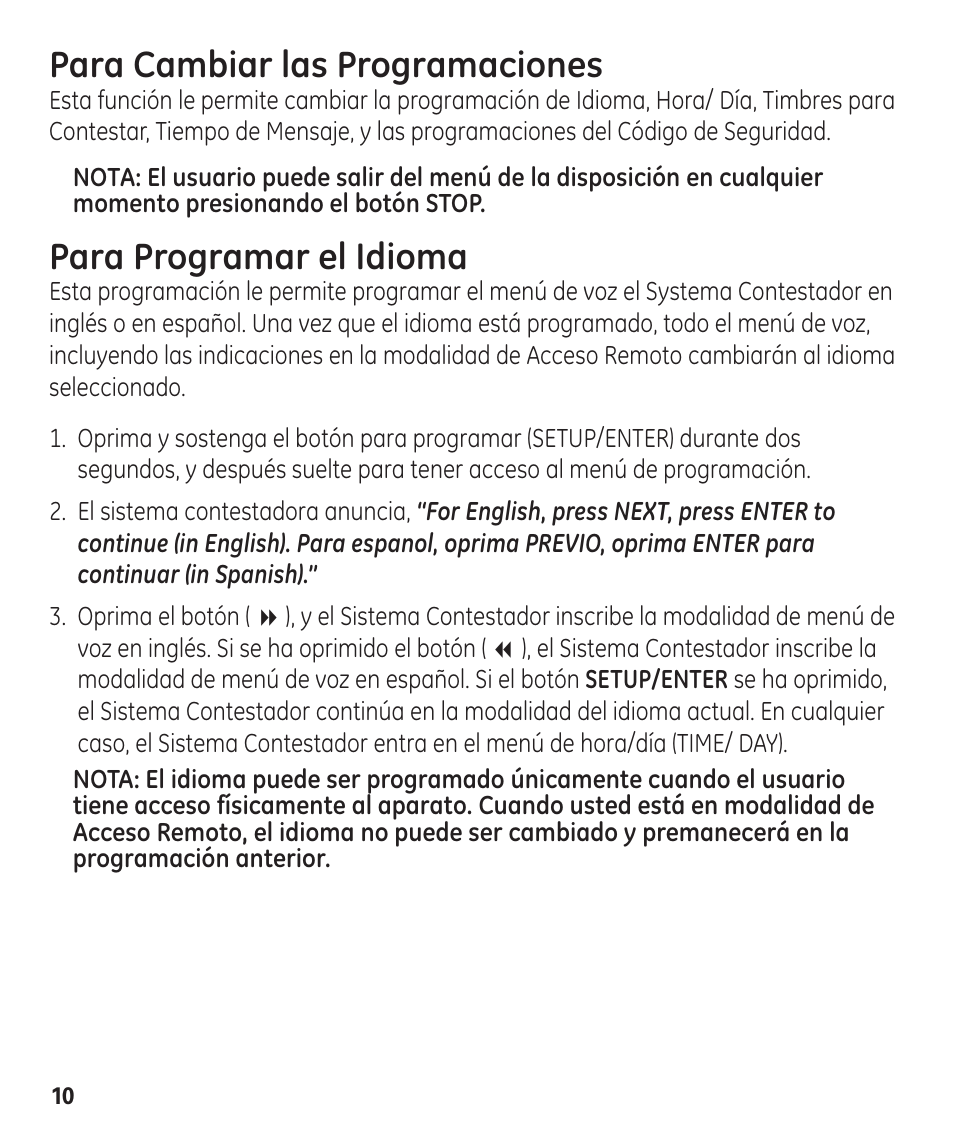 Para cambiar las programaciones, Para programar el idioma | GE 00003287 User Manual | Page 36 / 52