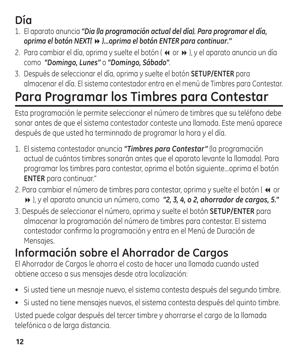 Para programar los timbres para contestar, Información sobre el ahorrador de cargos | GE 00003287 User Manual | Page 38 / 52