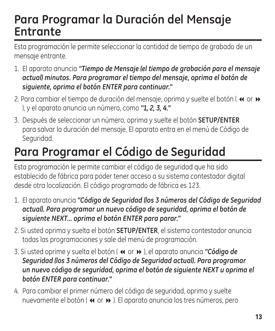Para programar la duración del mensaje entrante, Para programar el código de seguridad | GE 00003287 User Manual | Page 39 / 52