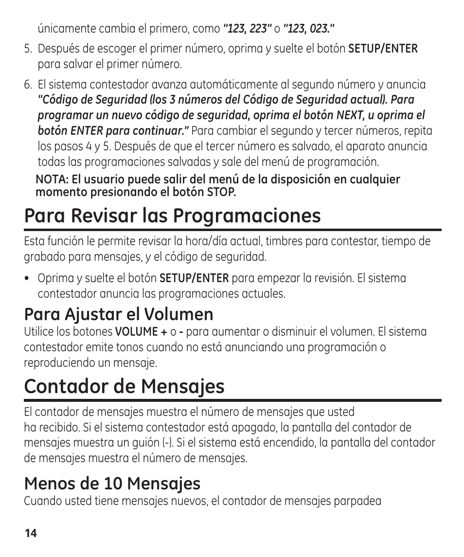 Para revisar las programaciones, Contador de mensajes, Para ajustar el volumen | Menos de 10 mensajes | GE 00003287 User Manual | Page 40 / 52