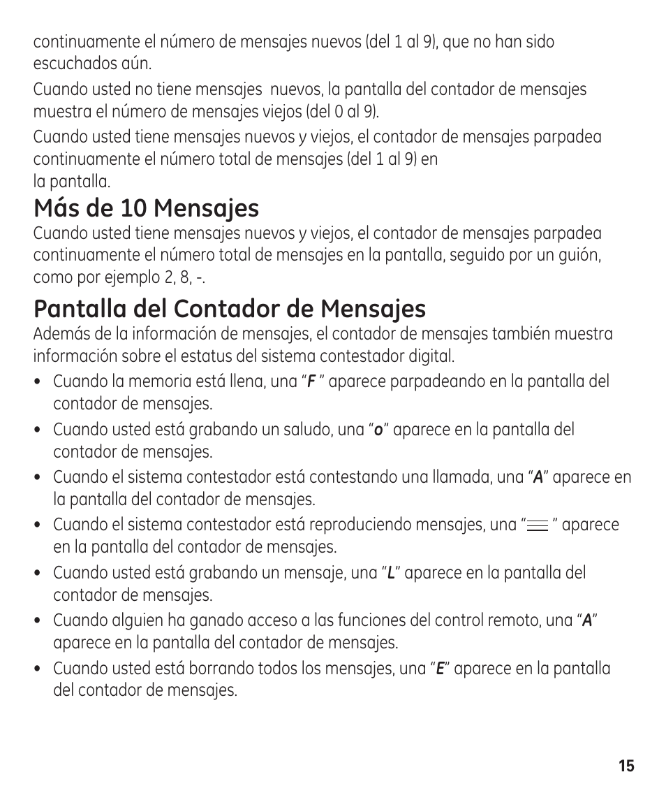 Más de 10 mensajes, Pantalla del contador de mensajes | GE 00003287 User Manual | Page 41 / 52