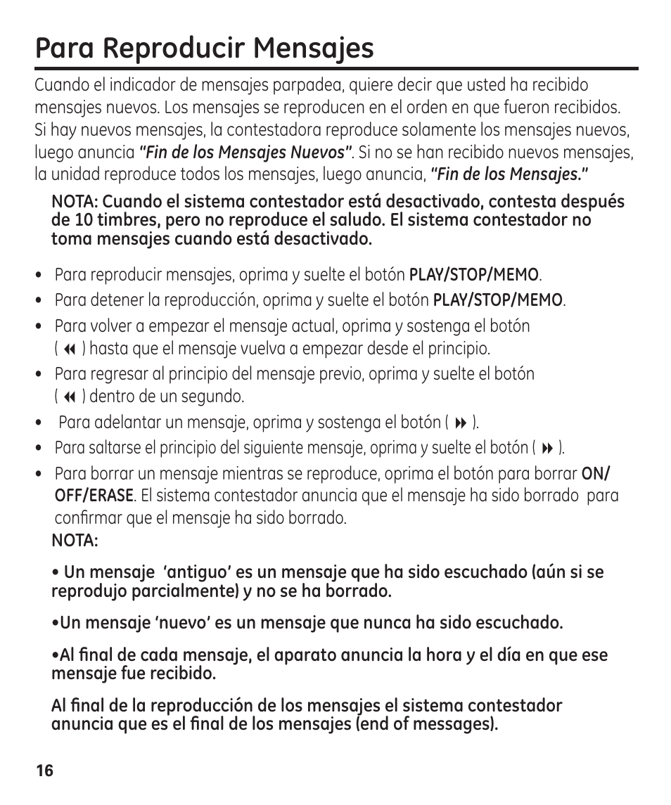 Para reproducir mensajes | GE 00003287 User Manual | Page 42 / 52
