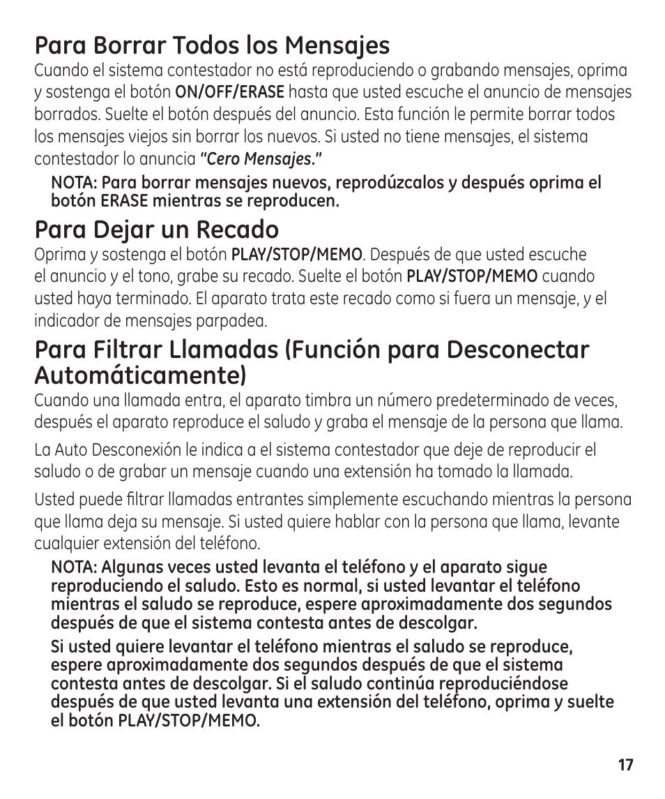Para borrar todos los mensajes, Para dejar un recado | GE 00003287 User Manual | Page 43 / 52