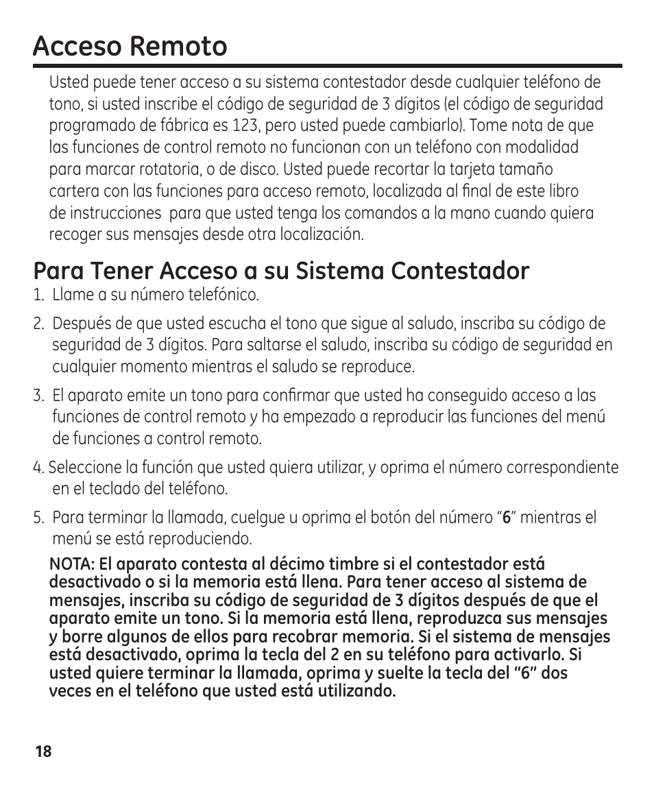 Acceso remoto, Para tener acceso a su sistema contestador | GE 00003287 User Manual | Page 44 / 52