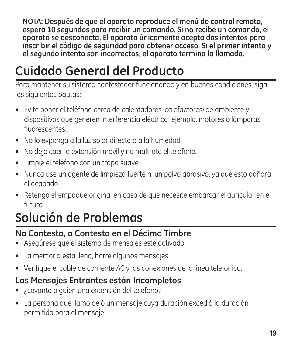 Cuidado general del producto, Solución de problemas | GE 00003287 User Manual | Page 45 / 52