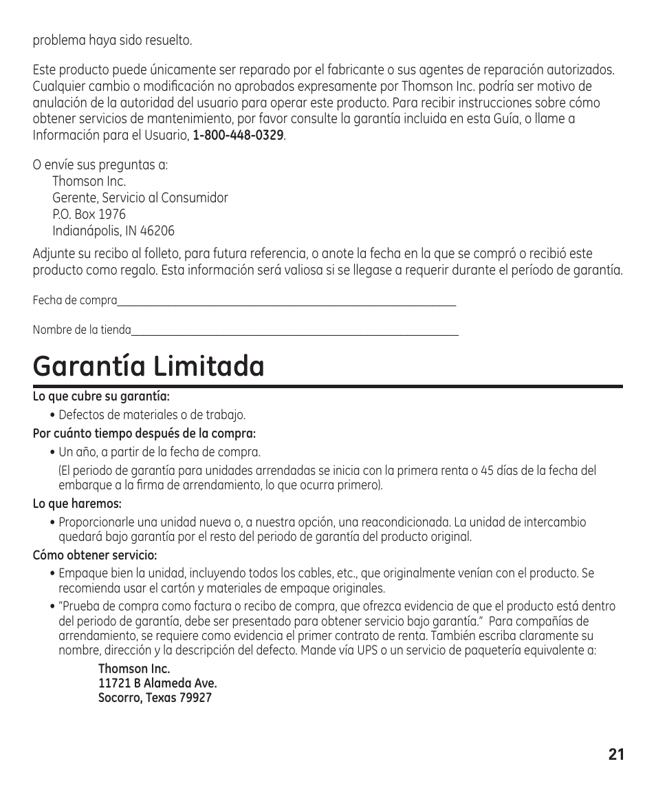 Garantía limitada | GE 00003287 User Manual | Page 47 / 52