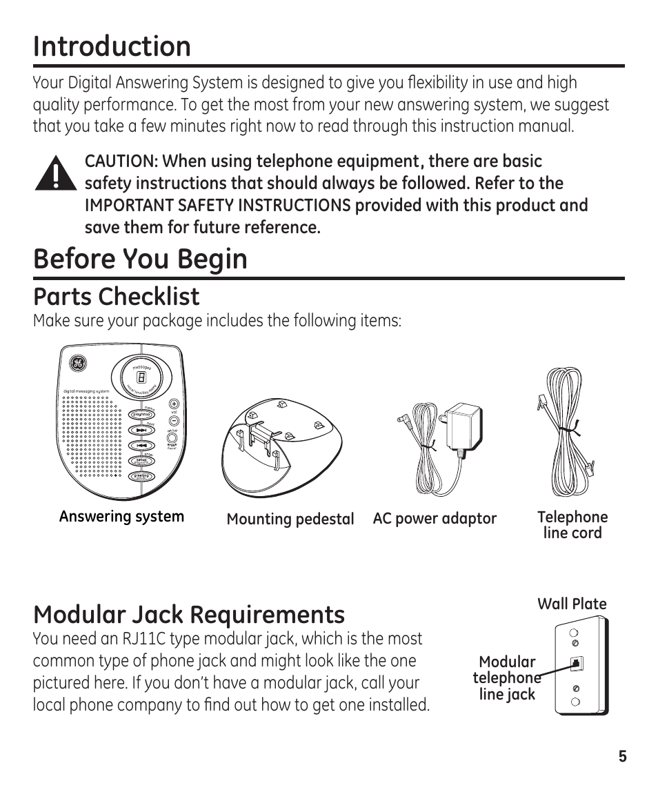 Introduction, Before you begin, Parts checklist | Modular jack requirements | GE 00003287 User Manual | Page 5 / 52