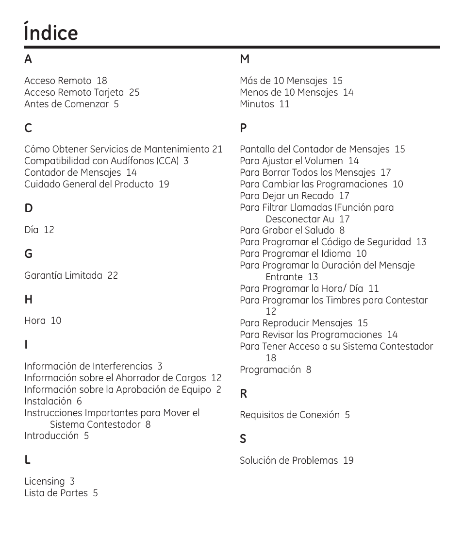 Índice | GE 00003287 User Manual | Page 51 / 52