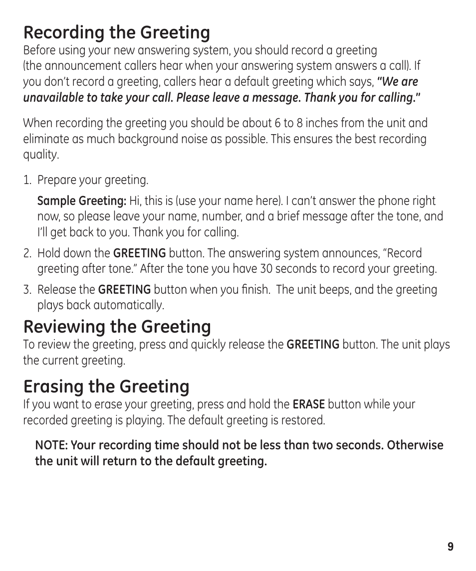 Recording the greeting, Reviewing the greeting, Erasing the greeting | GE 00003287 User Manual | Page 9 / 52