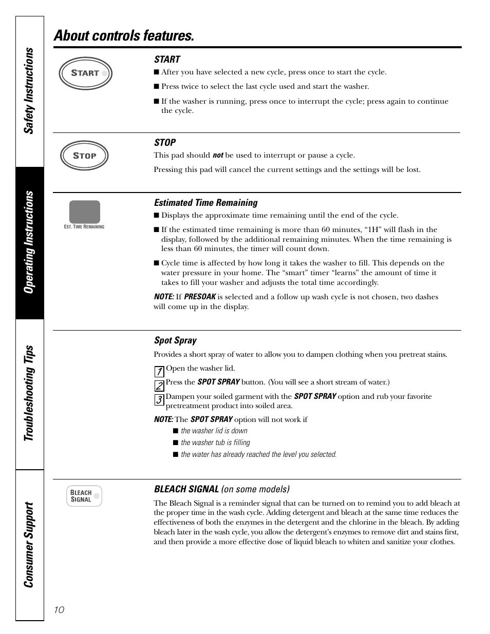 Controls features, About controls features | GE WHSB8000 User Manual | Page 10 / 20