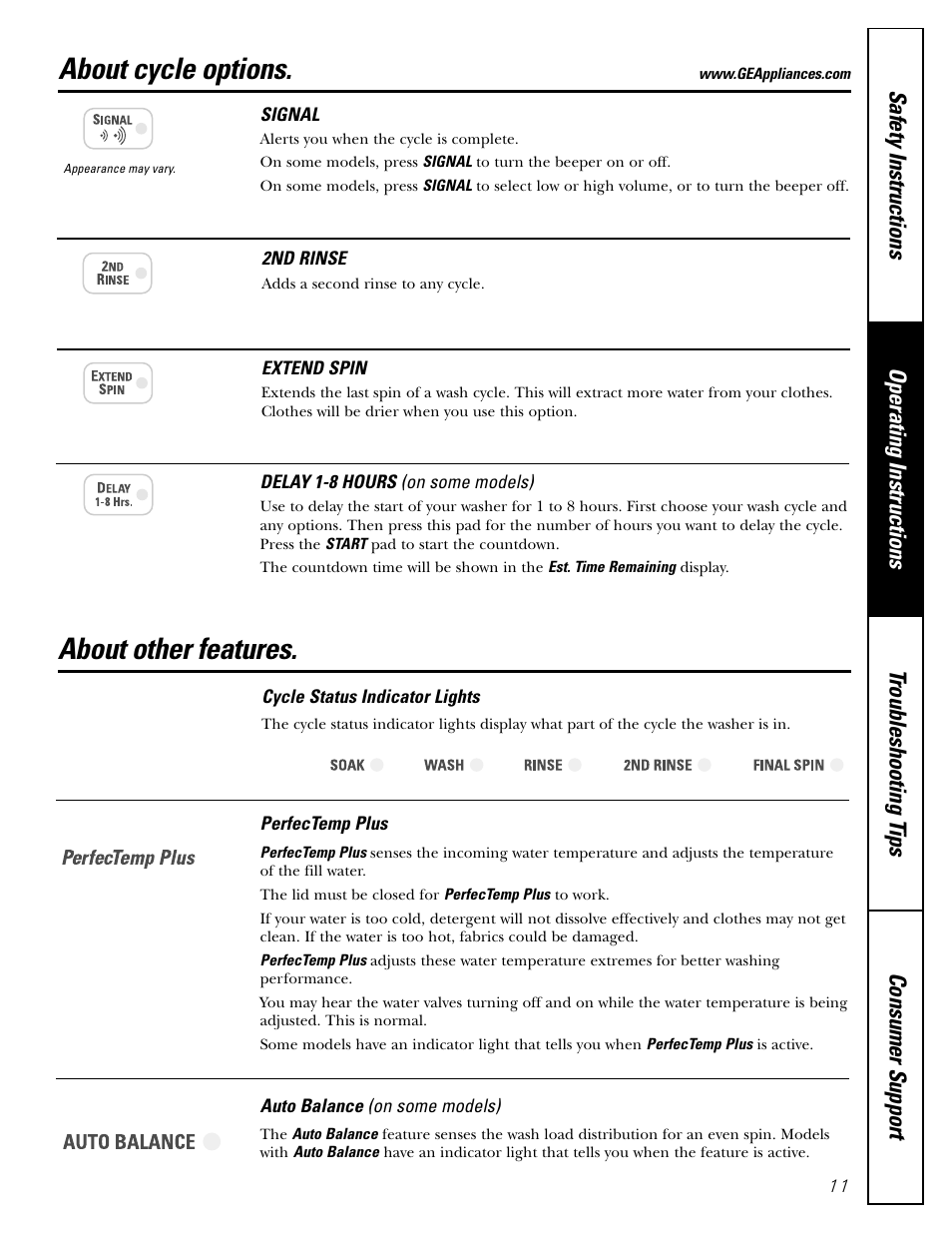 Cycle options, Other features, About cycle options | About other features | GE WHSB8000 User Manual | Page 11 / 20