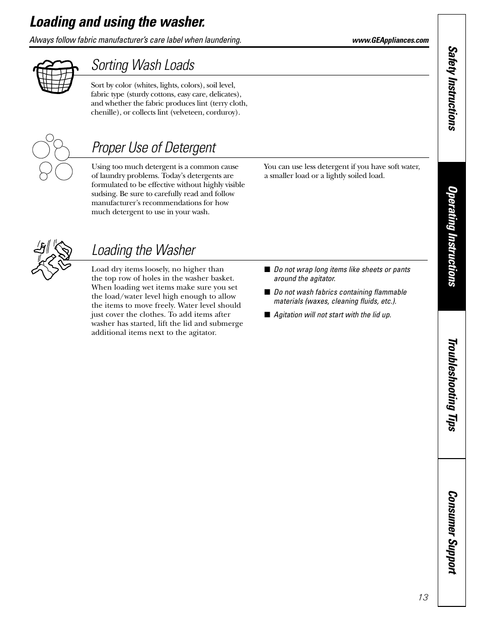 Loading and using the washer, Loading and using the washer , 14, Sorting wash loads proper use of detergent | Loading the washer | GE WHSB8000 User Manual | Page 13 / 20