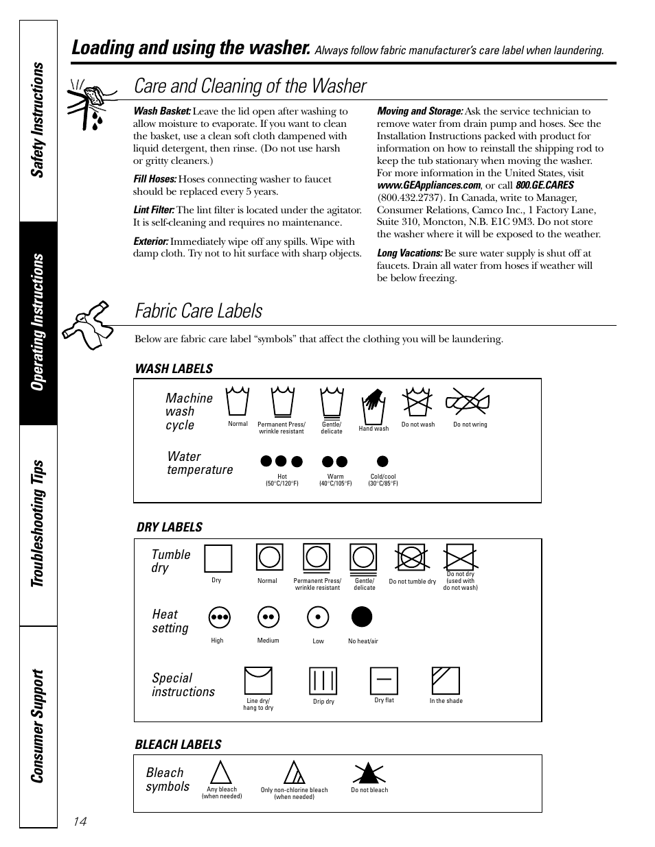 Loading and using the washer, Fabric care labels, Care and cleaning of the washer | Machine wash cycle, Water temperature, Tumble dry, Heat setting, Special instructions, Bleach symbols, Wash labels dry labels bleach labels | GE WHSB8000 User Manual | Page 14 / 20