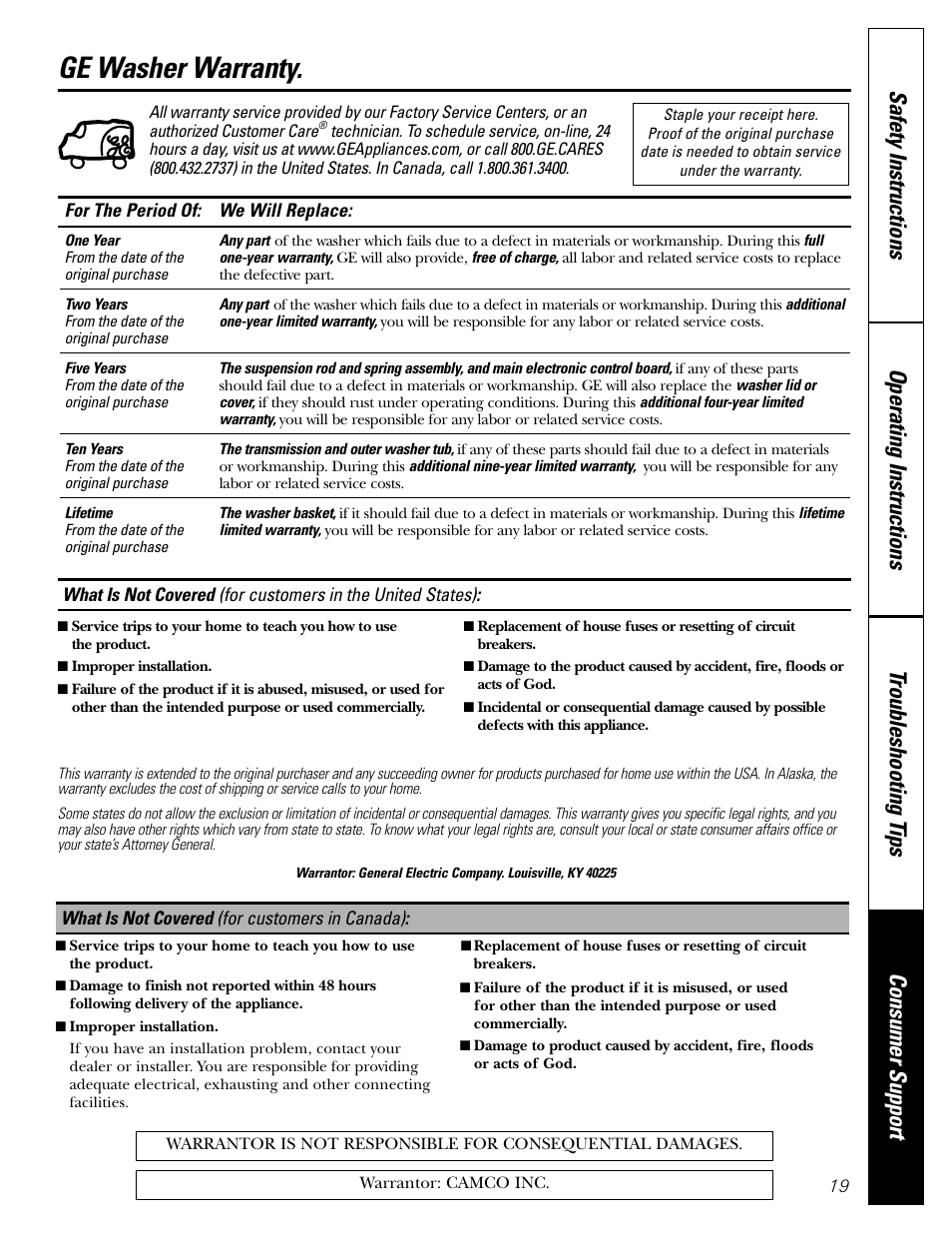 Warranty, Ge washer warranty | GE WHSB8000 User Manual | Page 19 / 20