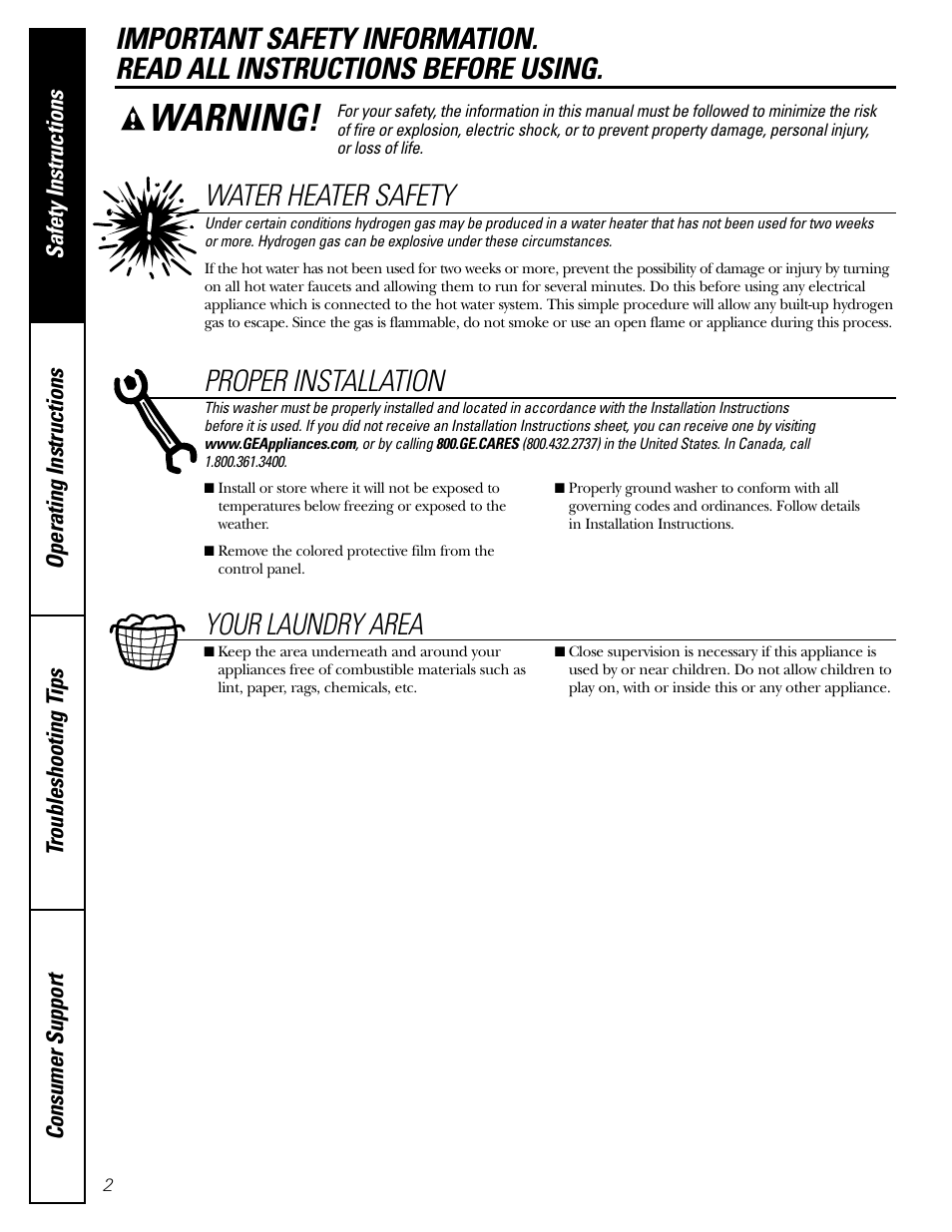 Safety instructions, Warning, Water heater safety | Proper installation, Your laundry area | GE WHSB8000 User Manual | Page 2 / 20