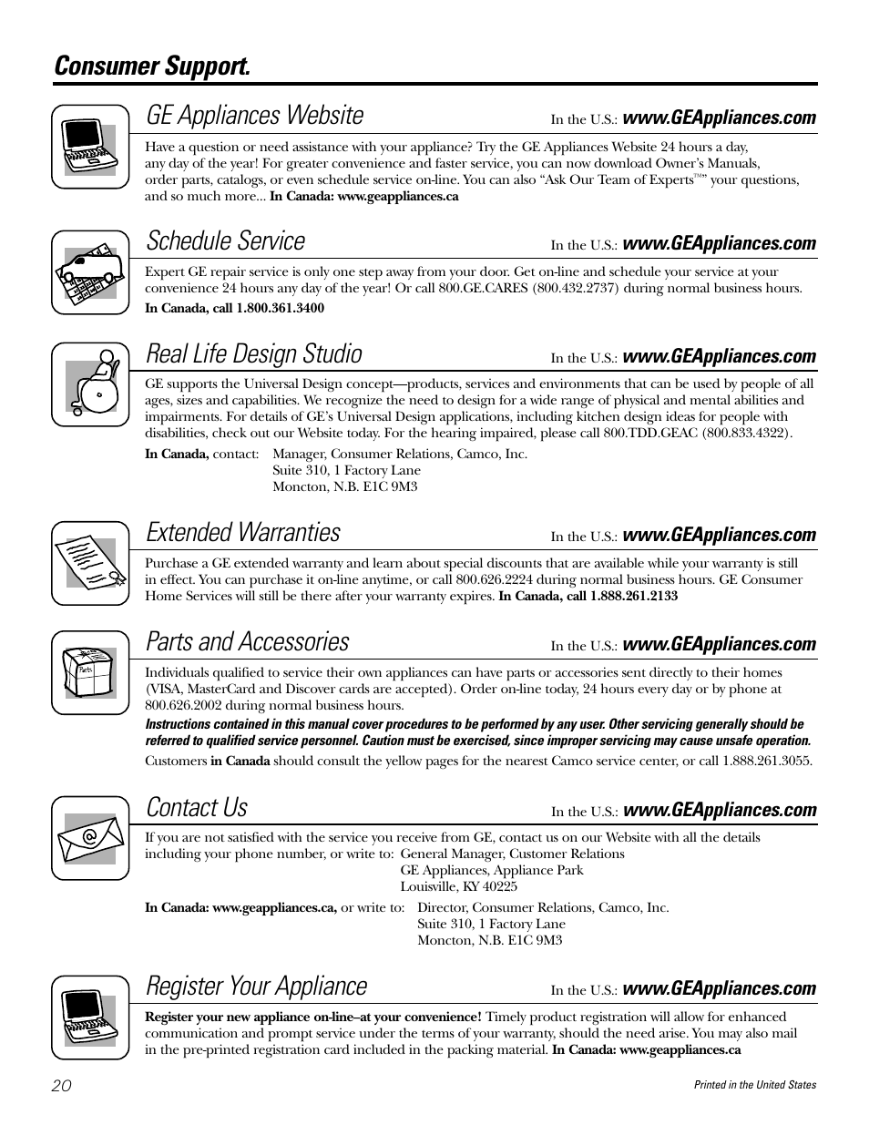 Consumer support, Consumer support. ge appliances website, Schedule service | Real life design studio, Extended warranties, Parts and accessories, Contact us, Register your appliance | GE WHSB8000 User Manual | Page 20 / 20