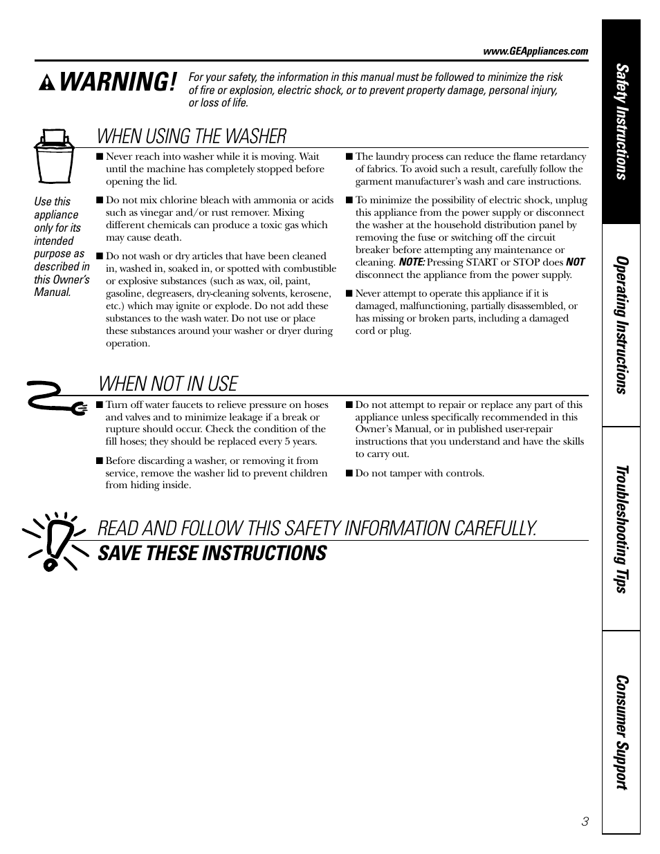 Warning, When using the washer | GE WHSB8000 User Manual | Page 3 / 20