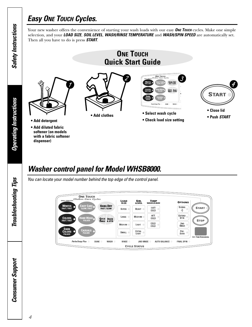 Controls, One touch cycles, Controls , 6 | One touch cycles –7, Washer control panel for model whsb8000, Quick start guide, Easy o, Cycles | GE WHSB8000 User Manual | Page 4 / 20