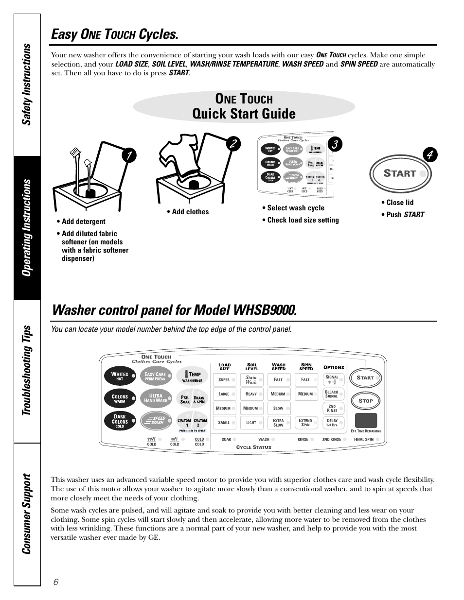 Washer control panel for model whsb9000, Quick start guide, Easy o | Cycles | GE WHSB8000 User Manual | Page 6 / 20