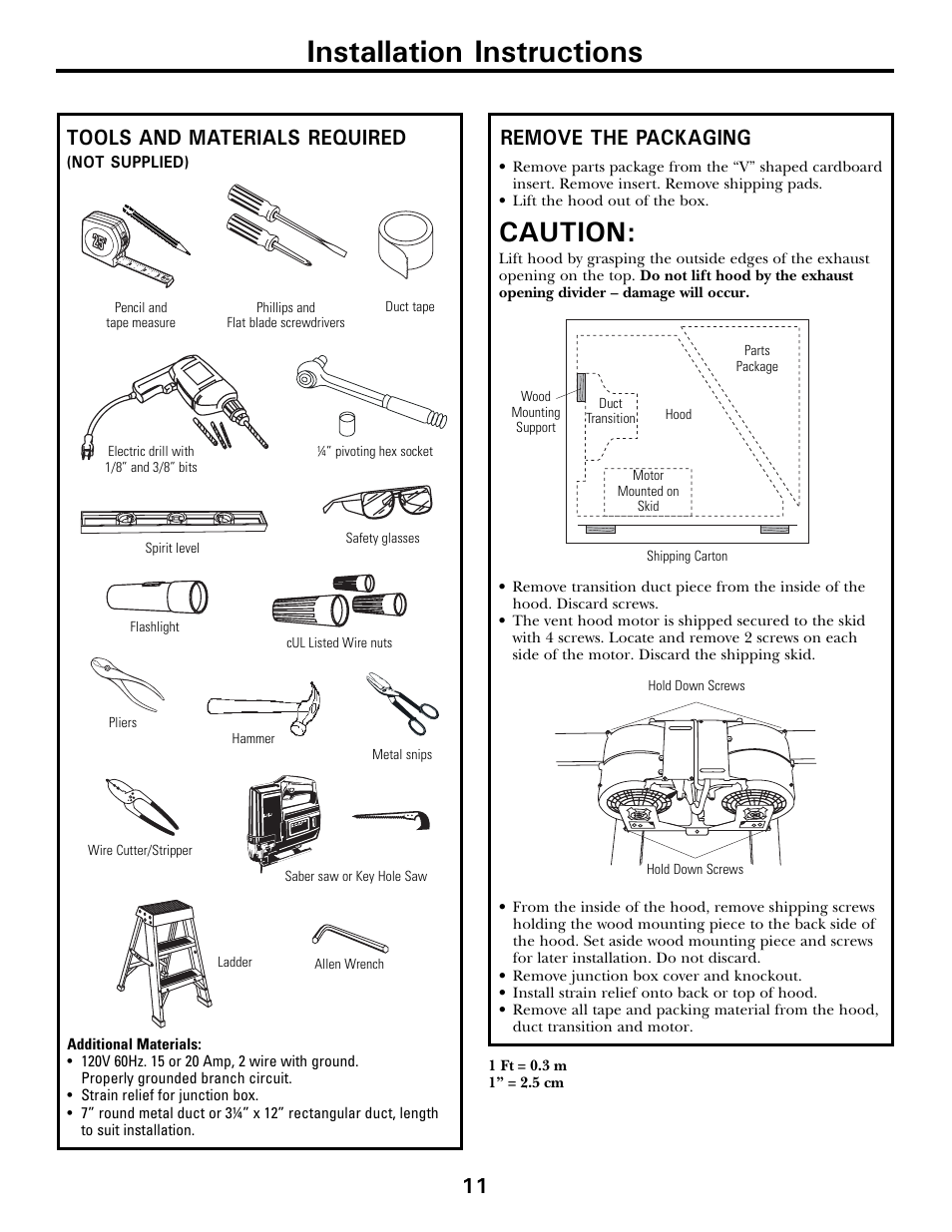 Installation instructions, Caution, Tools and materials required | Remove the packaging | GE JV936 User Manual | Page 11 / 24