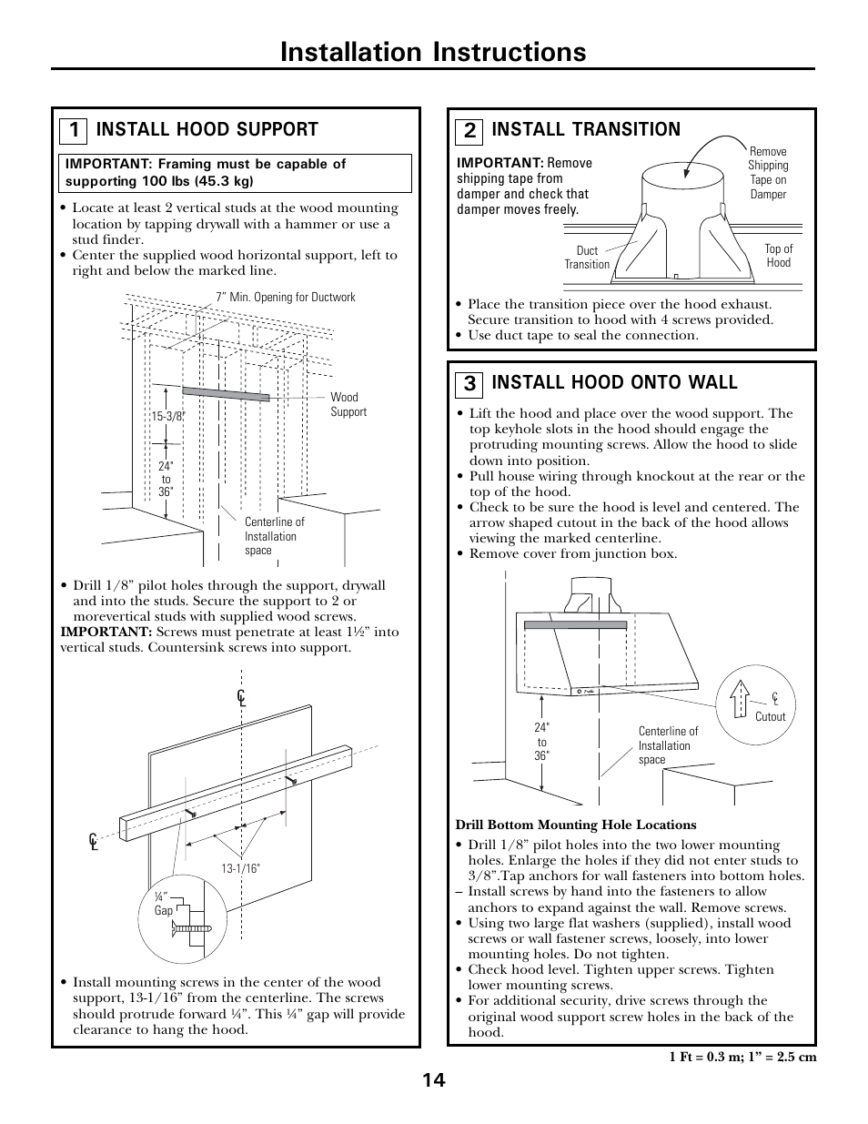 Installation instructions, Install hood support, Install transition | Install hood onto wall | GE JV936 User Manual | Page 14 / 24
