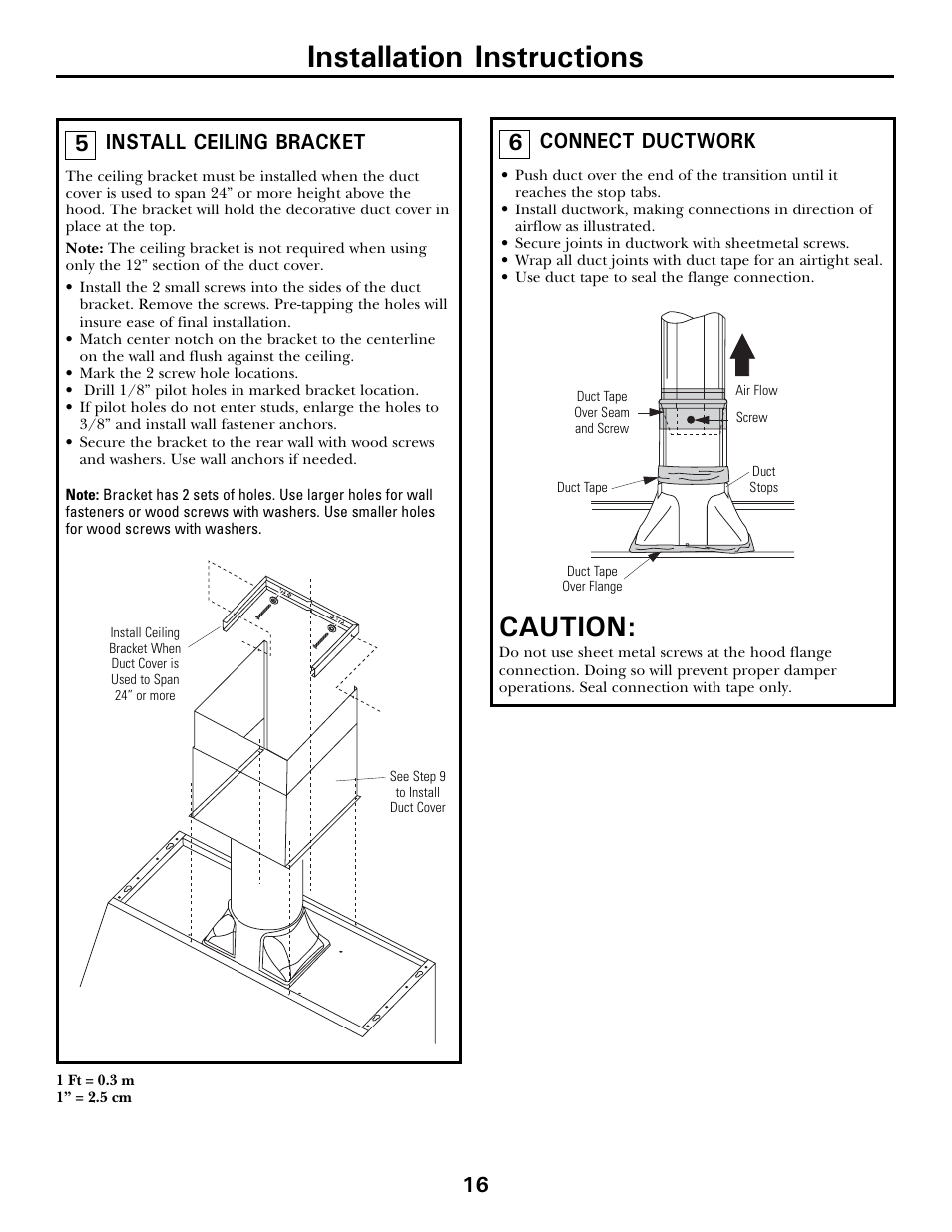 Installation instructions, Caution, Install ceiling bracket | Connect ductwork | GE JV936 User Manual | Page 16 / 24